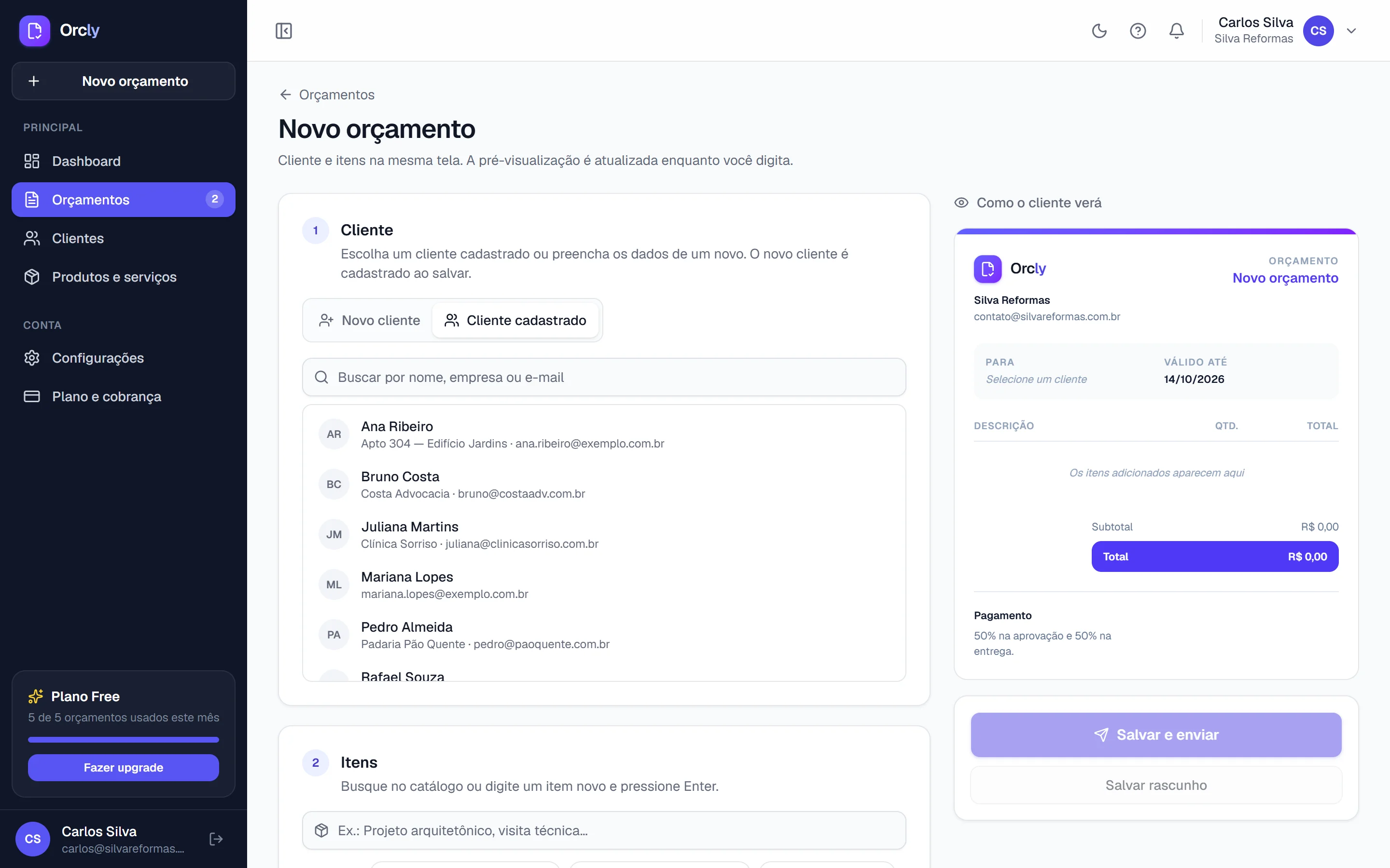 Tela de criação de orçamento com lista de clientes e pré-visualização