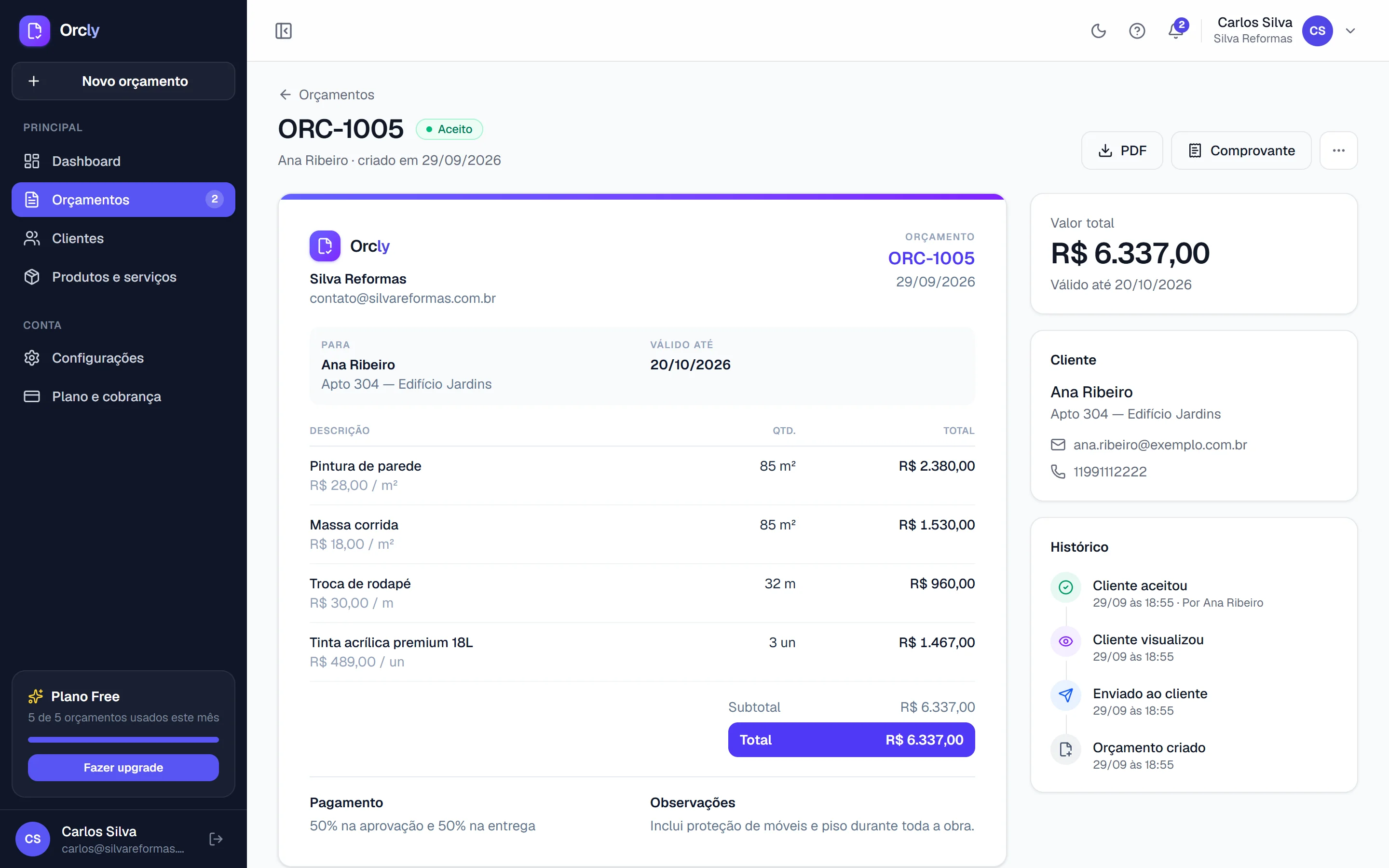 Detalhe do orçamento com histórico: criado, enviado, visualizado e aceito